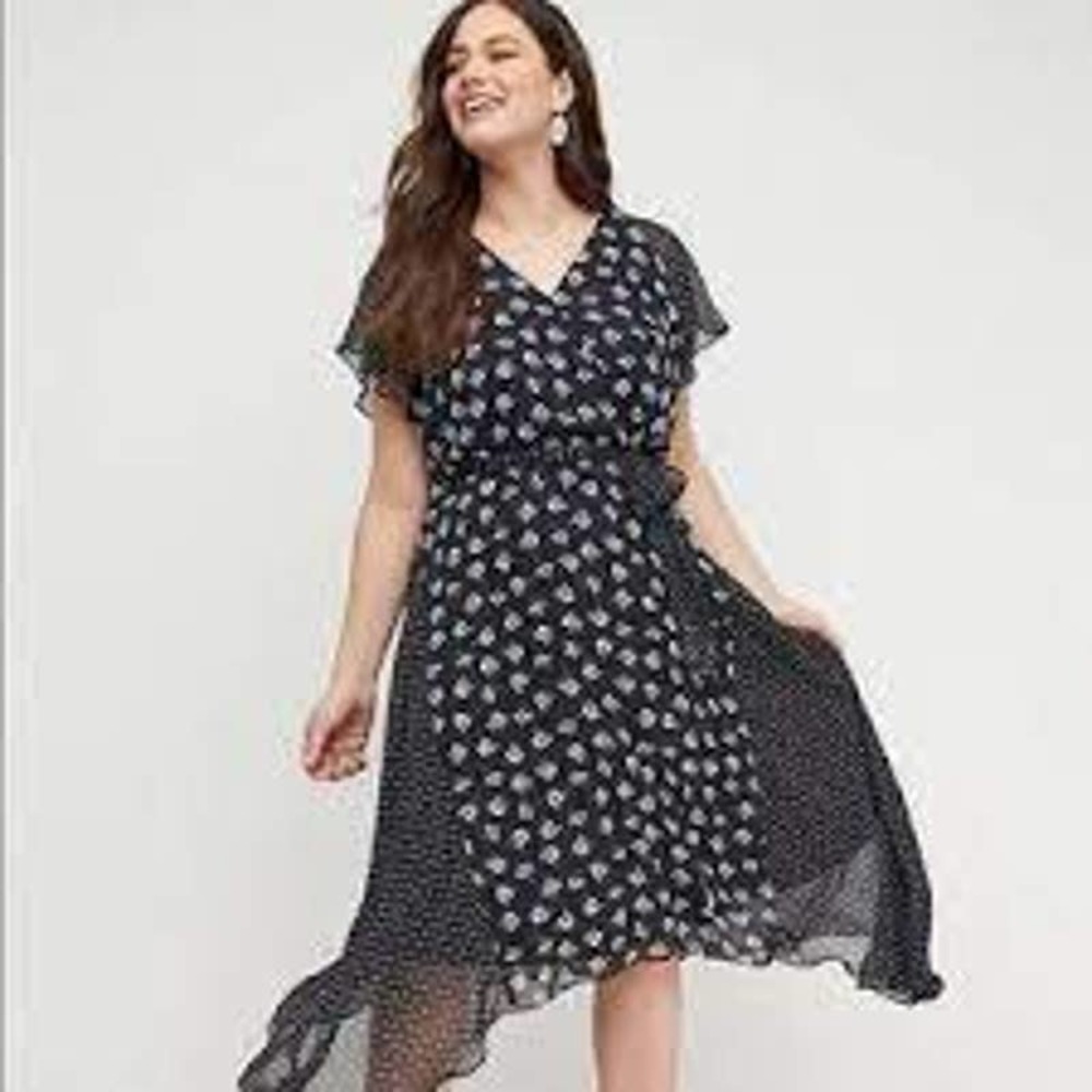 Lane Bryant Black mixed print blue Floral Faux Wrap midi Dress
